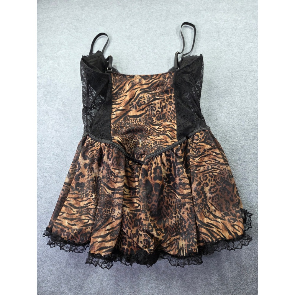 Women Leopard Print Lace Trim Corset Babydoll Lingerie L Brown Y2K